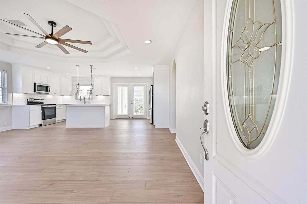 Interior, Kitchen, Pendant Lights, Recessed Lighting, Stainless Steel Appliances, Wood Texture Flooring