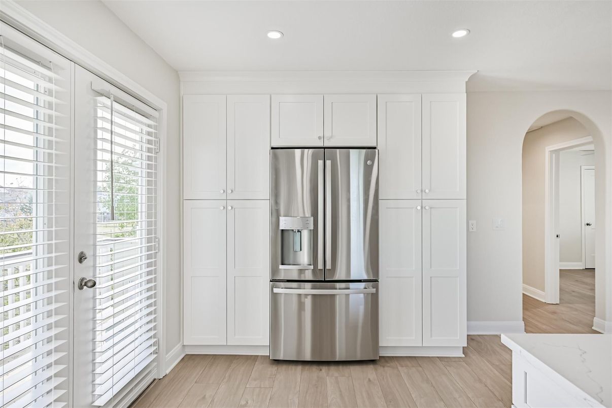 Interior, Kitchen, Recessed Lighting, Stainless Steel Appliances, Wood Texture Flooring