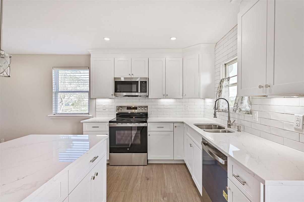 Interior, Kitchen, Recessed Lighting, Stainless Steel Appliances, Wood Texture Flooring