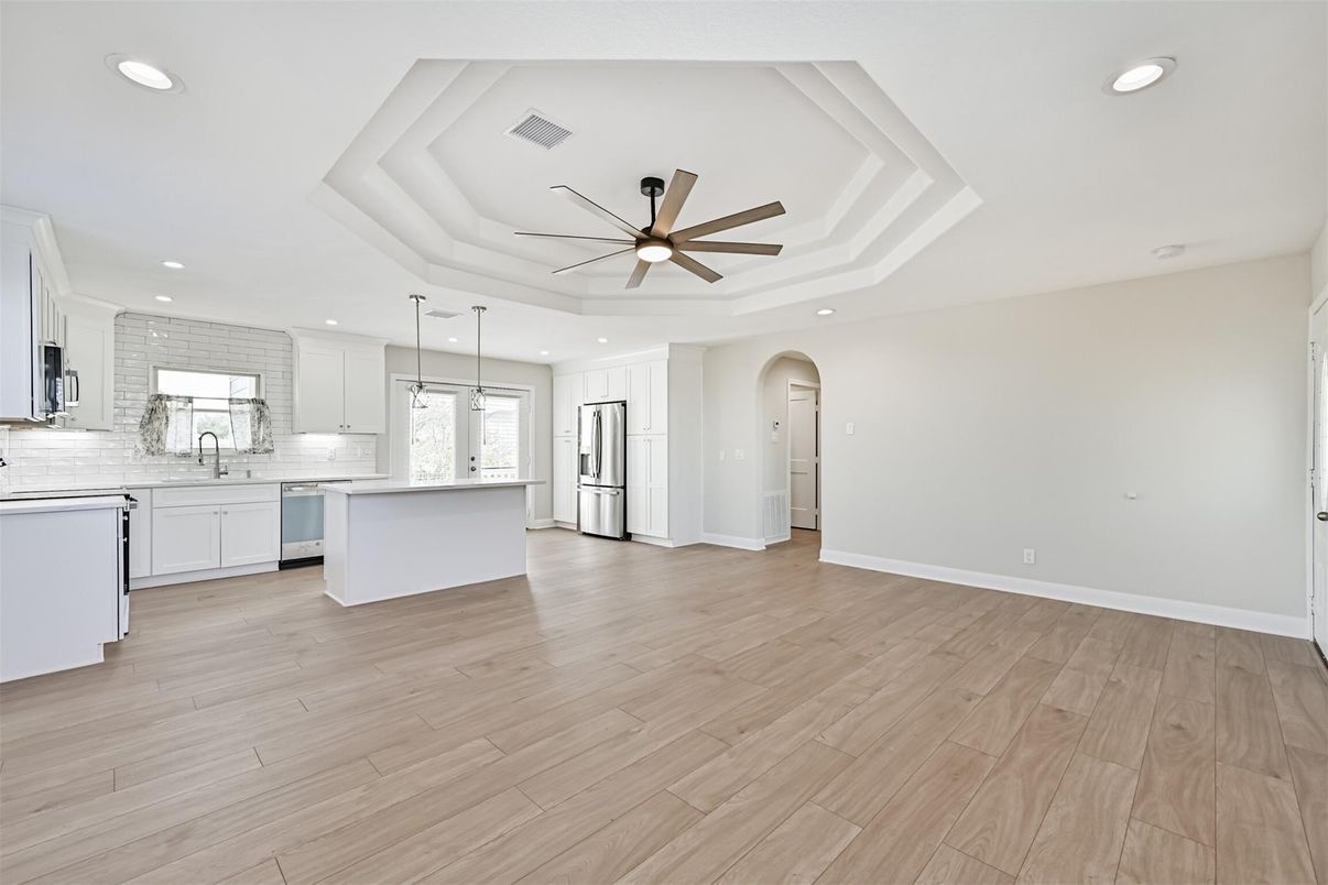 Interior, Kitchen, Pendant Lights, Recessed Lighting, Stainless Steel Appliances, Wood Texture Flooring