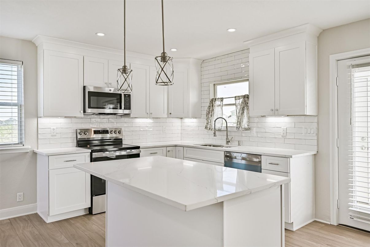Interior, Kitchen, Pendant Lights, Recessed Lighting, Stainless Steel Appliances, Wood Texture Flooring