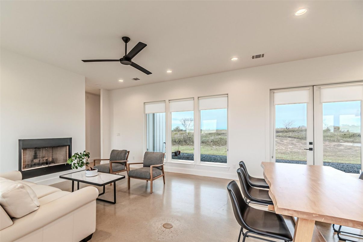 Dining room, Fireplace, Interior, Living room, Recessed Lighting