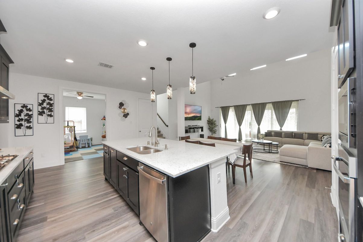 Dining room, Interior, Kitchen, Living room, Pendant Lights, Recessed Lighting, Wood Texture Flooring