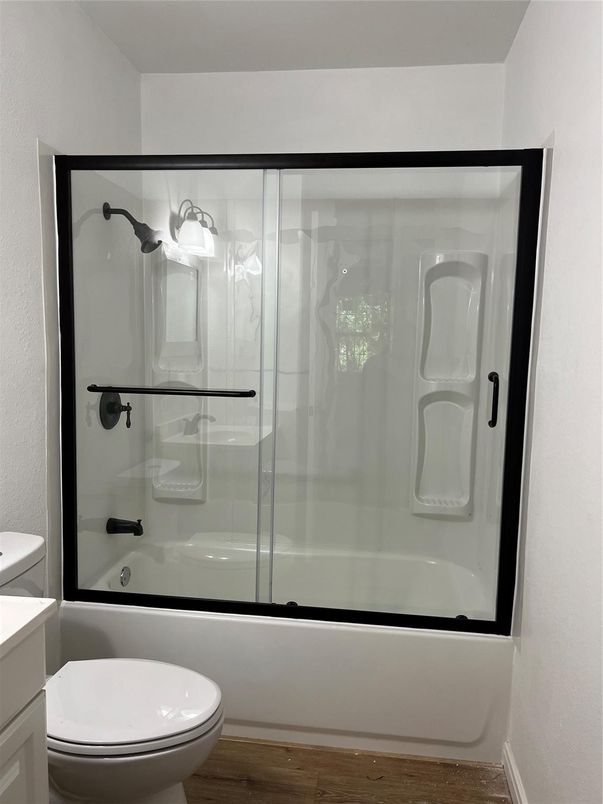 Bathroom, Glass Shower, Interior, Wood Texture Flooring