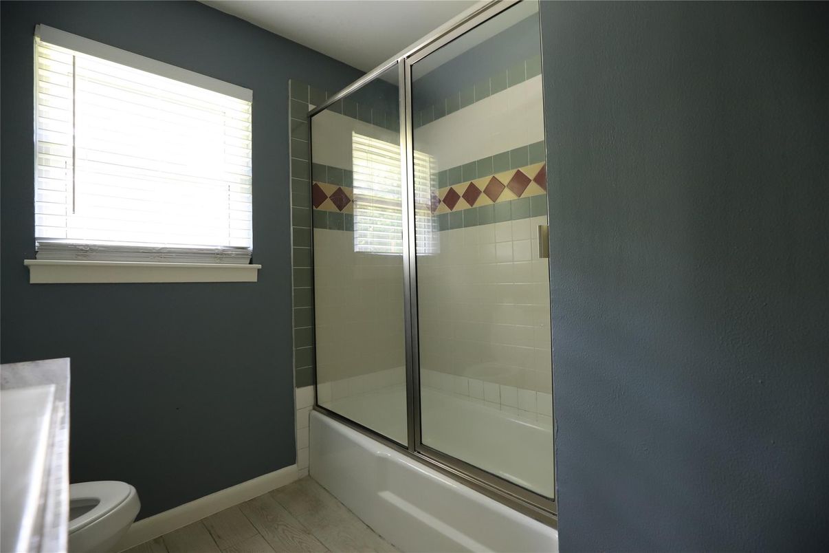 Bathroom, Glass Shower, Interior, Wood Texture Flooring