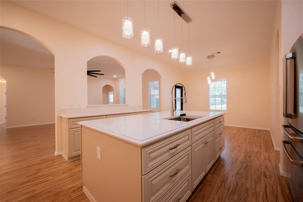 Interior, Kitchen, Pendant Lights, Wood Texture Flooring