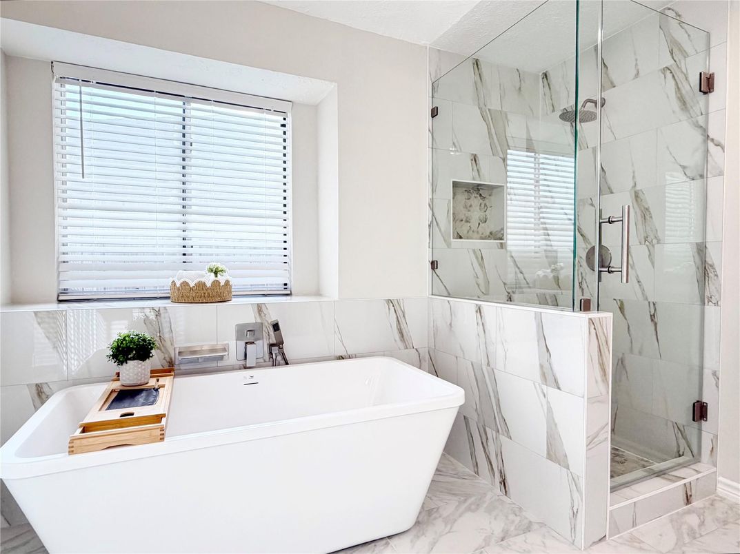 Bathroom, Free Standing Baths, Glass Shower, Interior, Marble, Marble Walls