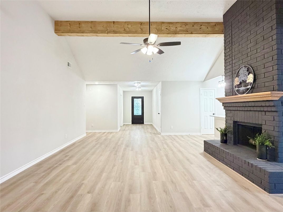 Empty room, Fireplace, Interior, Wooden Beams, Wood Texture Flooring