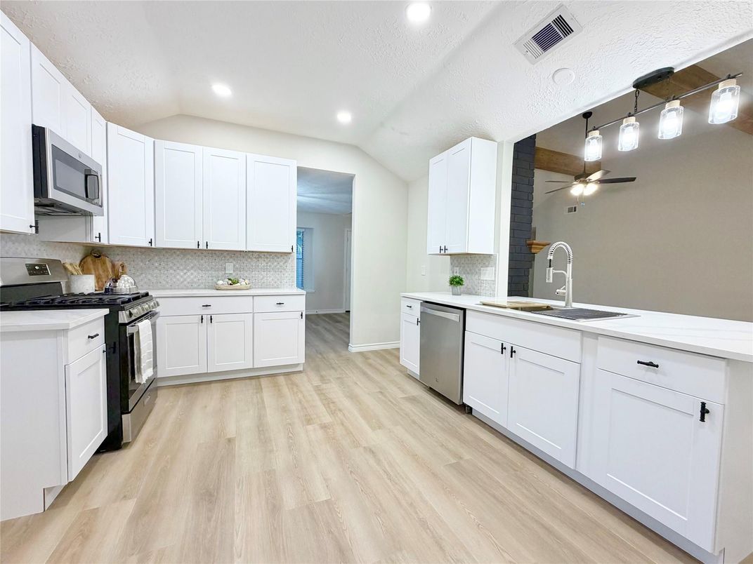 Interior, Kitchen, Recessed Lighting, Wood Texture Flooring