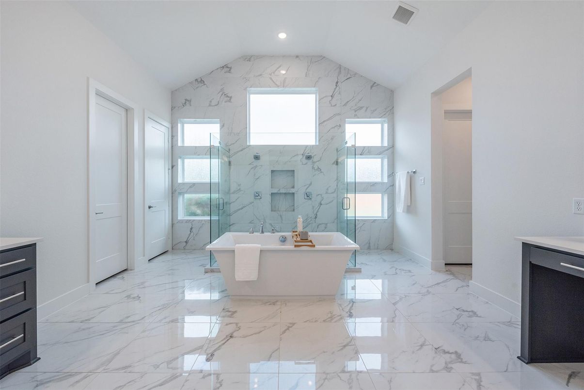 Bathroom, Free Standing Baths, Glass Shower, Interior, Marble, Marble Walls, Recessed Lighting