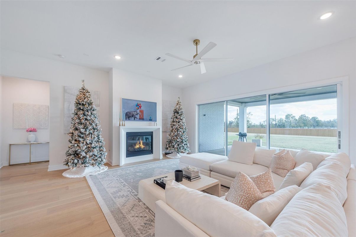 Fireplace, Interior, Living room, Recessed Lighting, Wood Texture Flooring