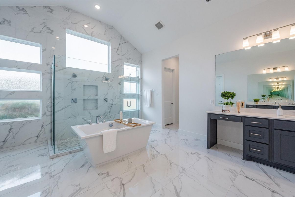 Bathroom, Dual Sink Vanities, Free Standing Baths, Glass Shower, Interior, Marble, Marble Walls, Recessed Lighting