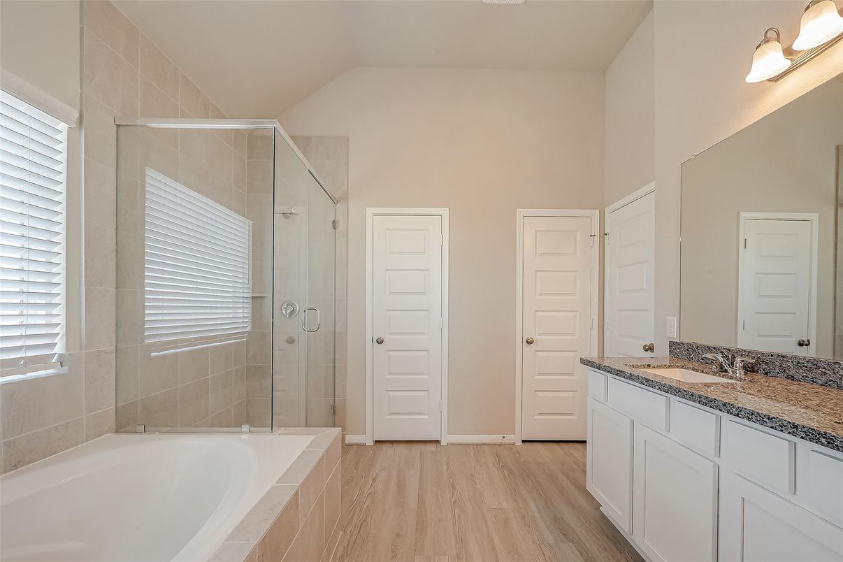 Bathroom, Glass Shower, Interior, Wood Texture Flooring