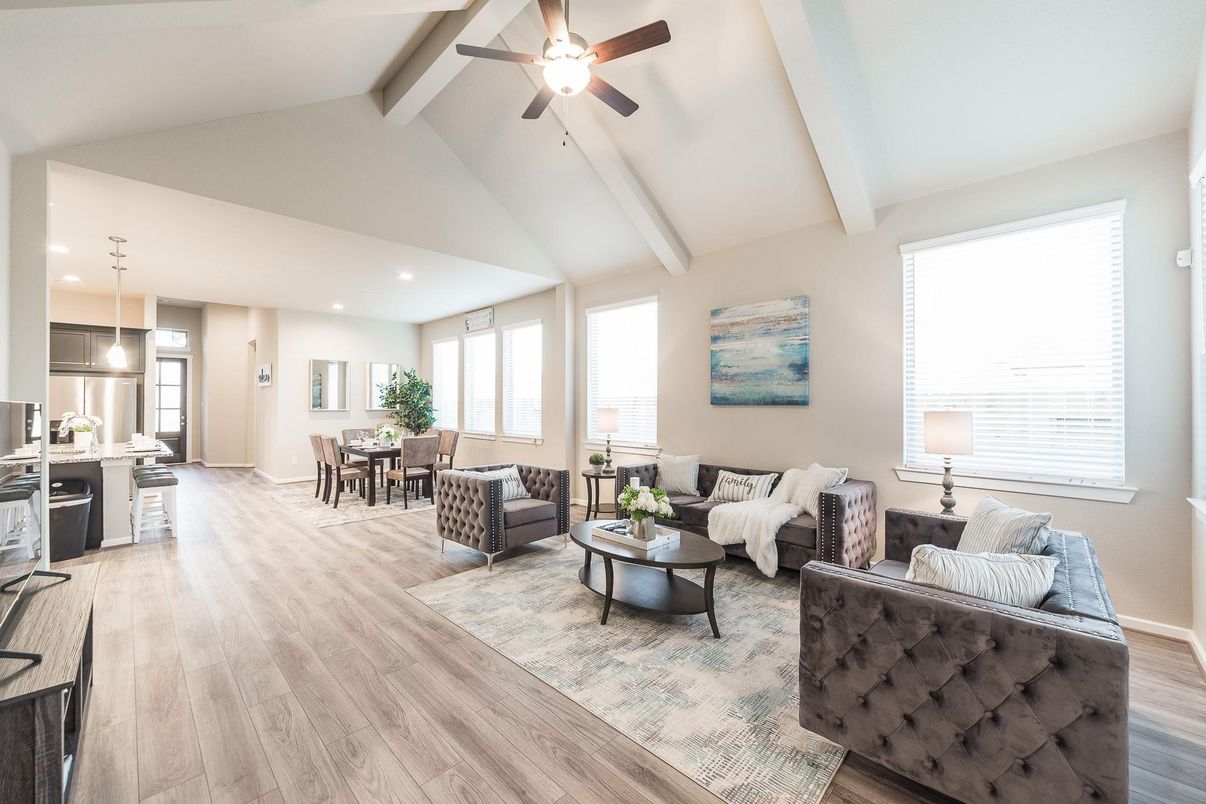 Dining room, Interior, Kitchen, Living room, Pendant Lights, Recessed Lighting, Stainless Steel Appliances, Wood Texture Flooring