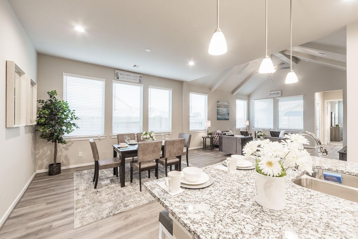 Dining room, Interior, Living room, Pendant Lights, Recessed Lighting, Wood Texture Flooring