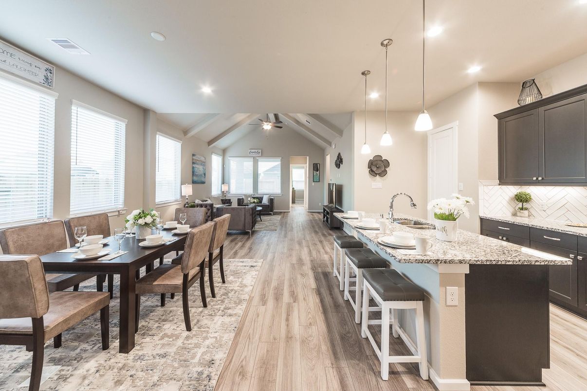 Dining room, Interior, Kitchen, Living room, Pendant Lights, Recessed Lighting, Wood Texture Flooring