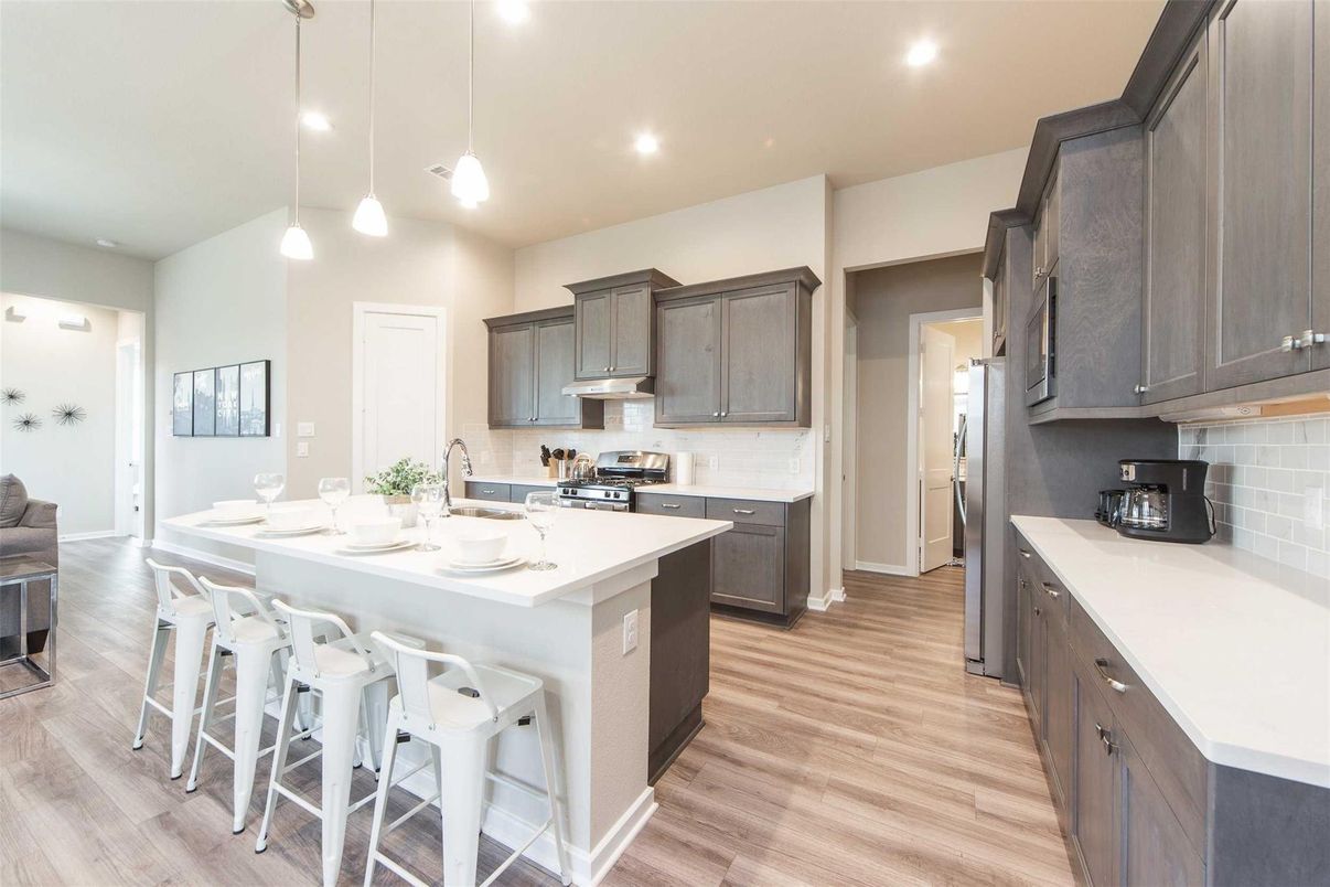 Interior, Kitchen, Pendant Lights, Recessed Lighting, Wood Texture Flooring
