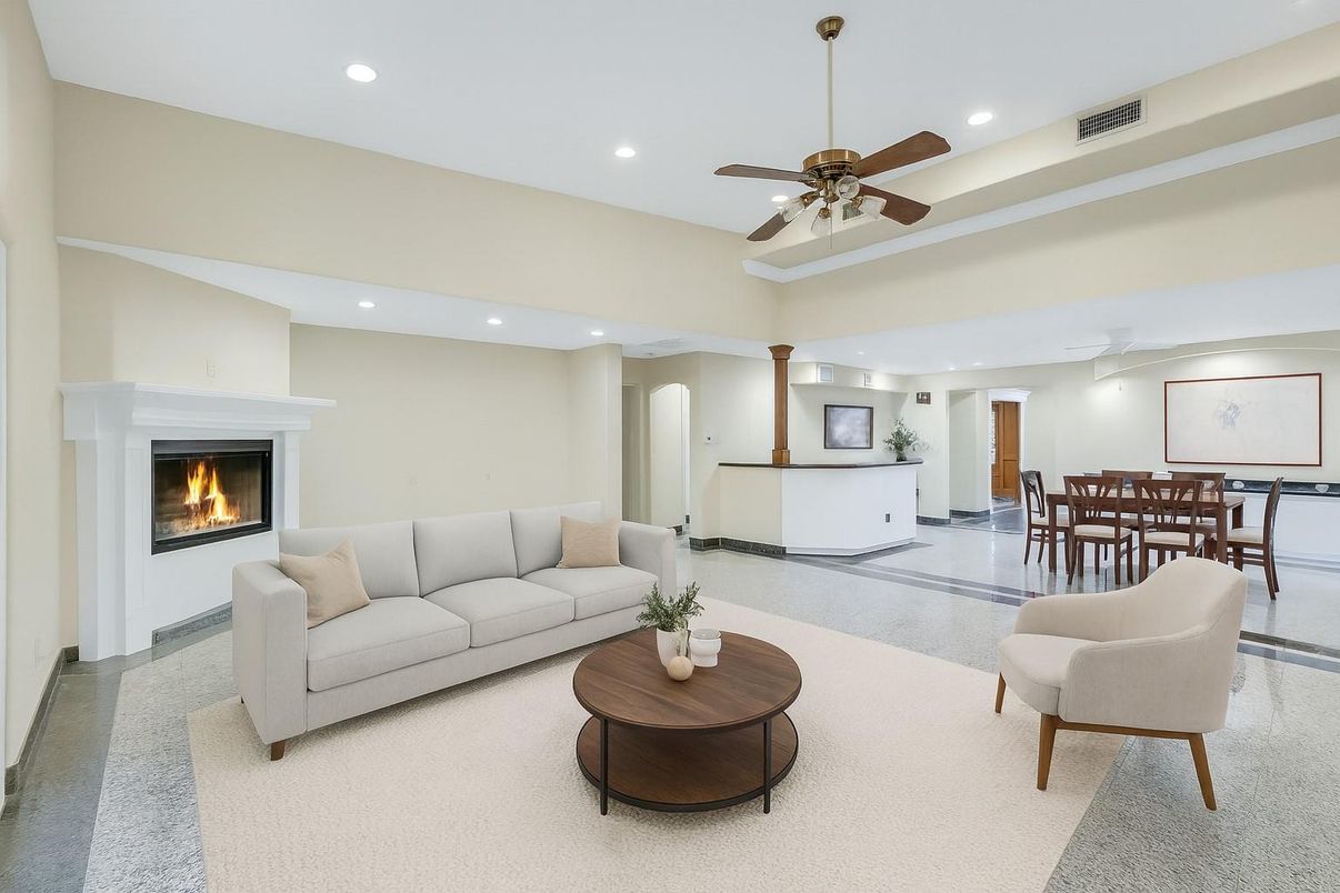 Dining room, Fireplace, Interior, Living room, Recessed Lighting