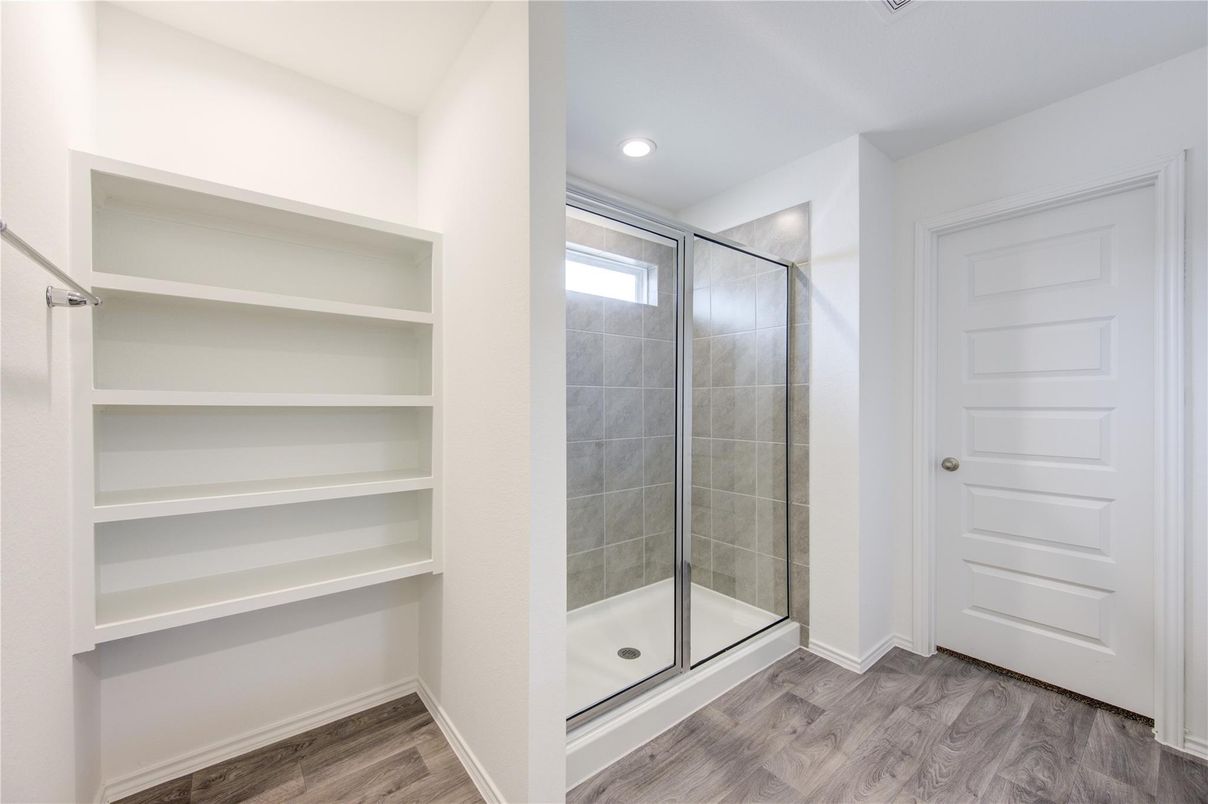 Bathroom, Glass Shower, Interior, Recessed Lighting, Wood Texture Flooring