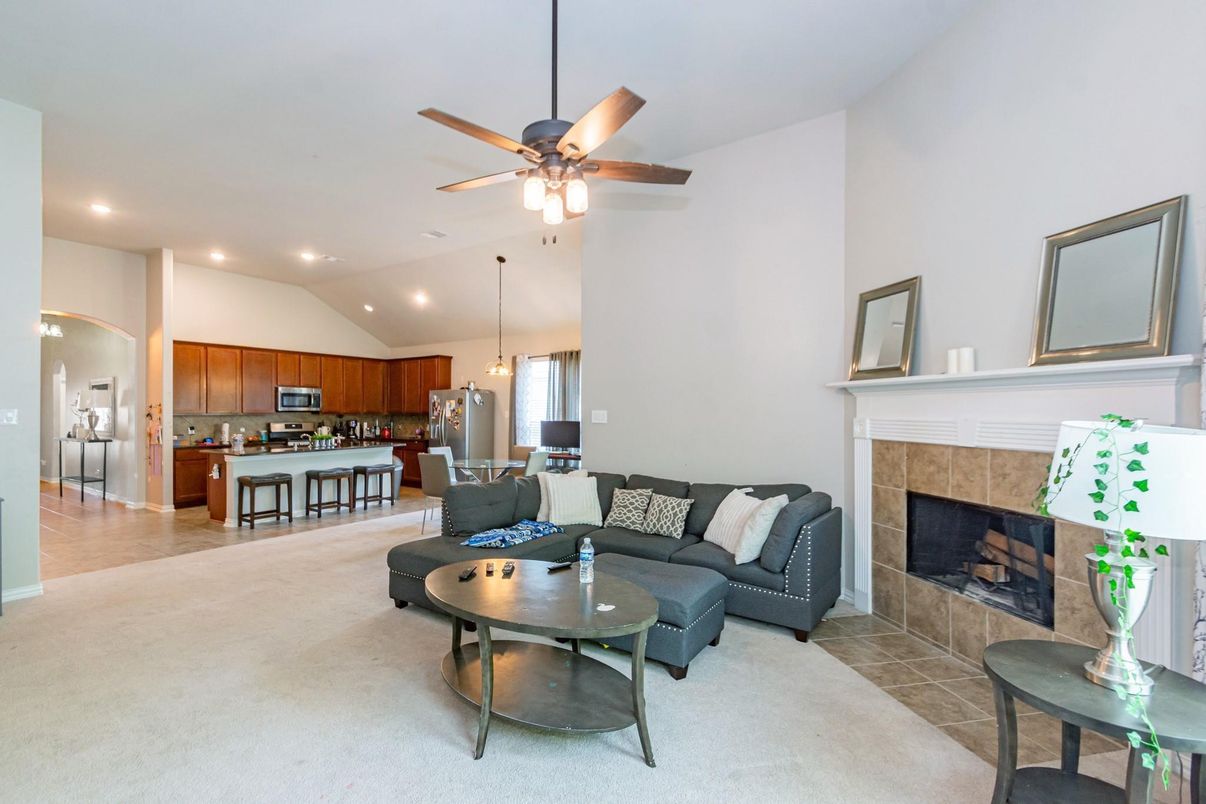 Dining room, Fireplace, Interior, Kitchen, Living room, Pendant Lights, Recessed Lighting