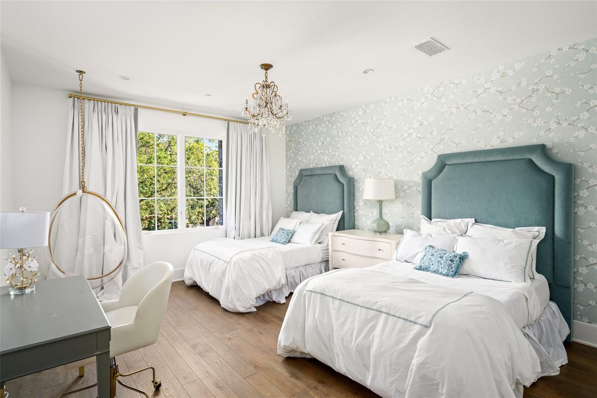 Bedroom, Chandelier, Interior, Pendant Lights, Recessed Lighting, Wood Texture Flooring