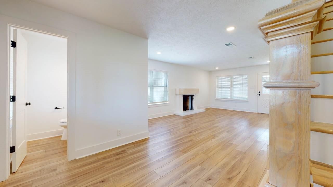 Empty room, Fireplace, Interior, Recessed Lighting, Wood Texture Flooring
