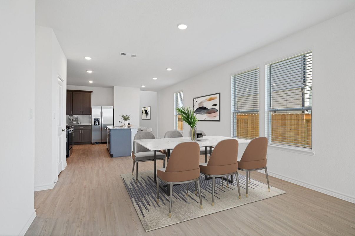 Dining room, Interior, Kitchen, Recessed Lighting, Wood Texture Flooring