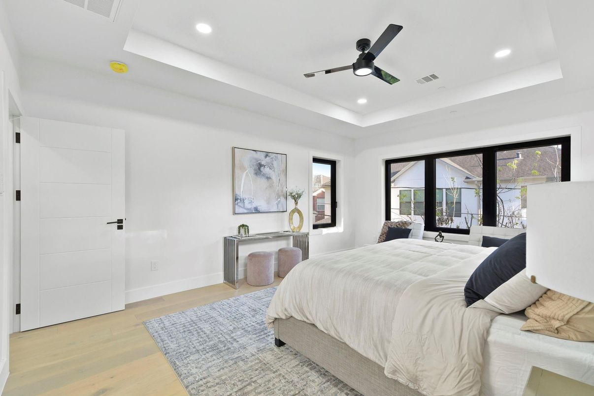 Bedroom, Interior, Recessed Lighting, Wood Texture Flooring