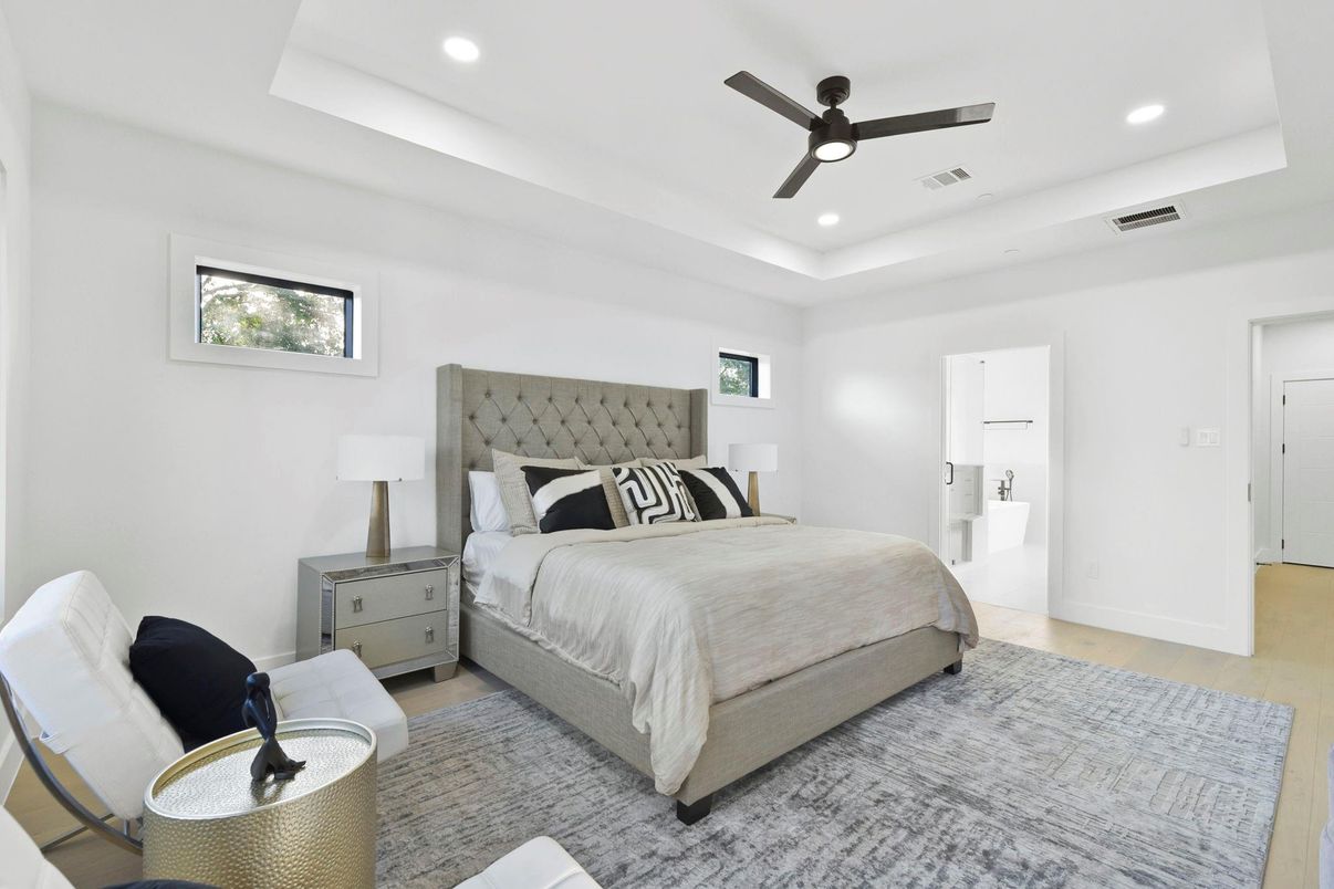 Bedroom, Interior, Recessed Lighting, Wood Texture Flooring