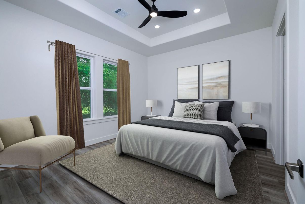 Bedroom, Interior, Recessed Lighting, Wood Texture Flooring