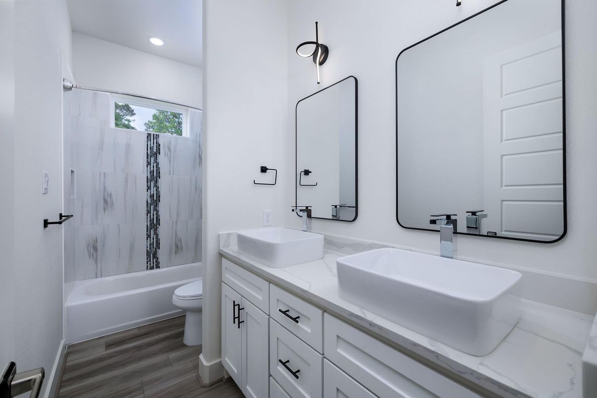 Bathroom, Dual Sink Vanities, Interior, Recessed Lighting, Wood Texture Flooring