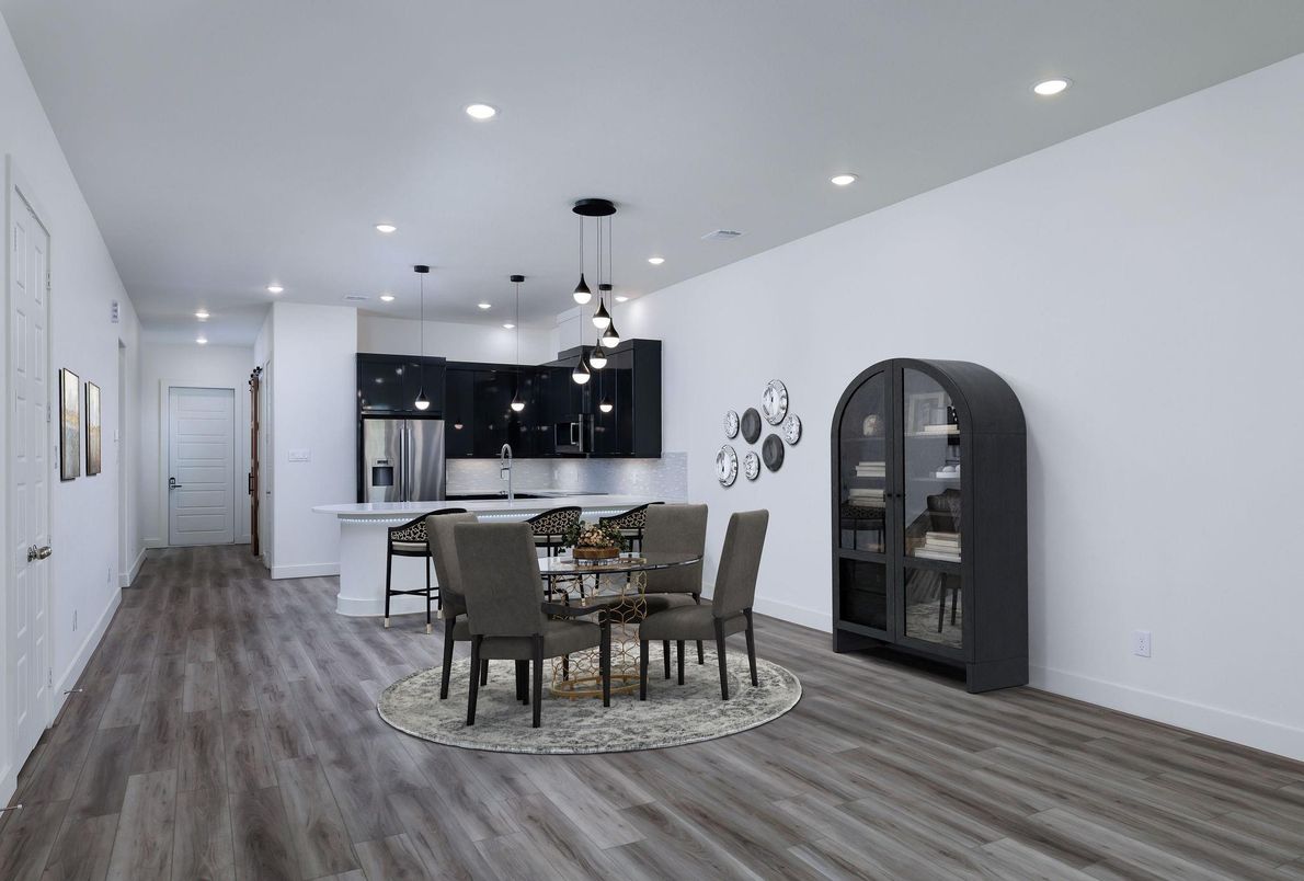 Dining room, Interior, Kitchen, Pendant Lights, Recessed Lighting, Stainless Steel Appliances, Wood Texture Flooring