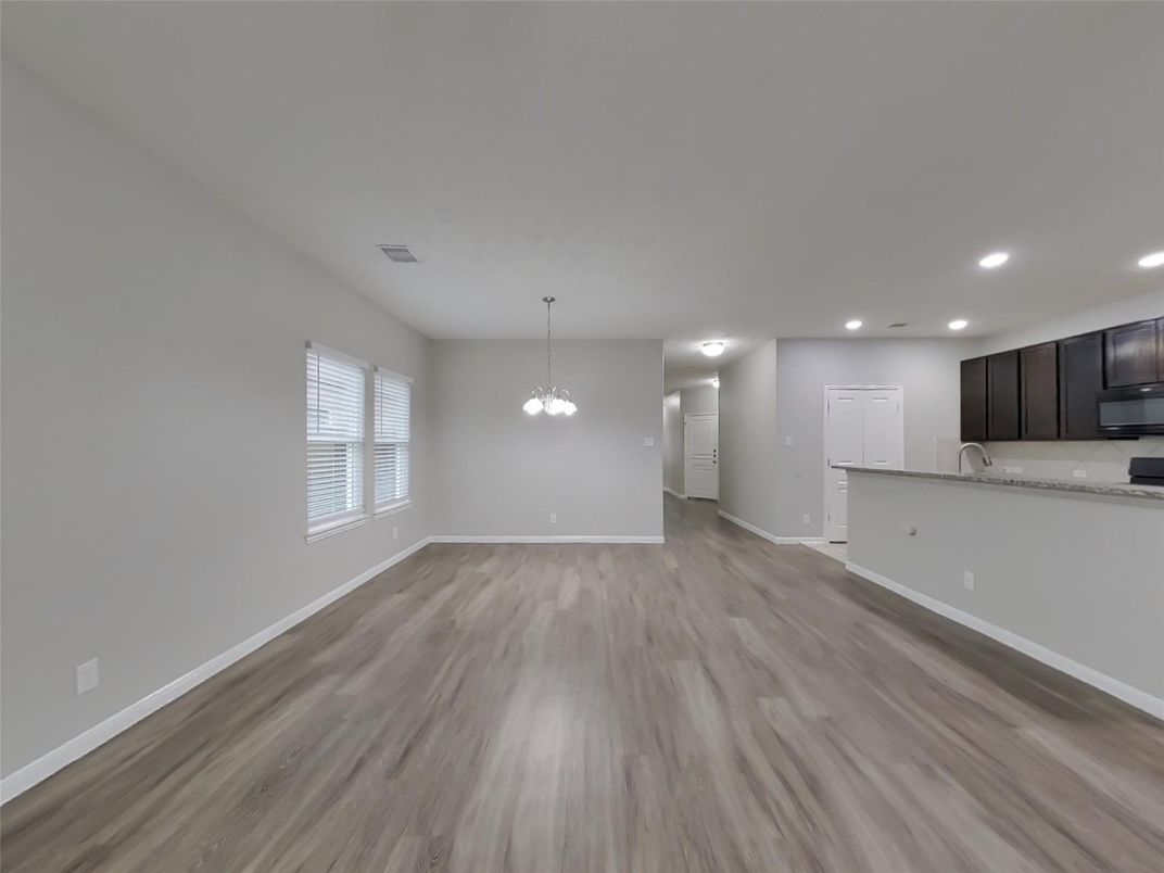 Empty room, Interior, Kitchen, Pendant Lights, Recessed Lighting, Wood Texture Flooring