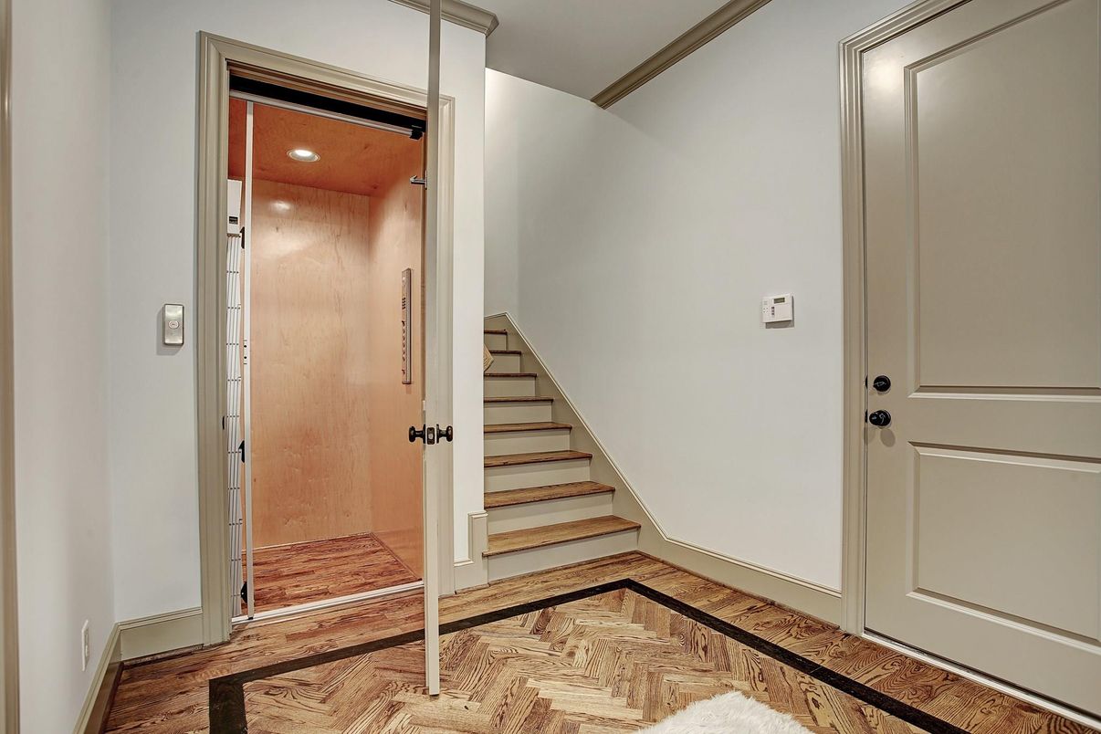 Elevator, Interior, Recessed Lighting, Wooden Ceilings, Wood Texture Flooring, Wooden Walls