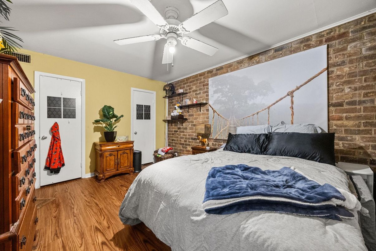 Bedroom, Interior, Stone Walls, Wood Texture Flooring