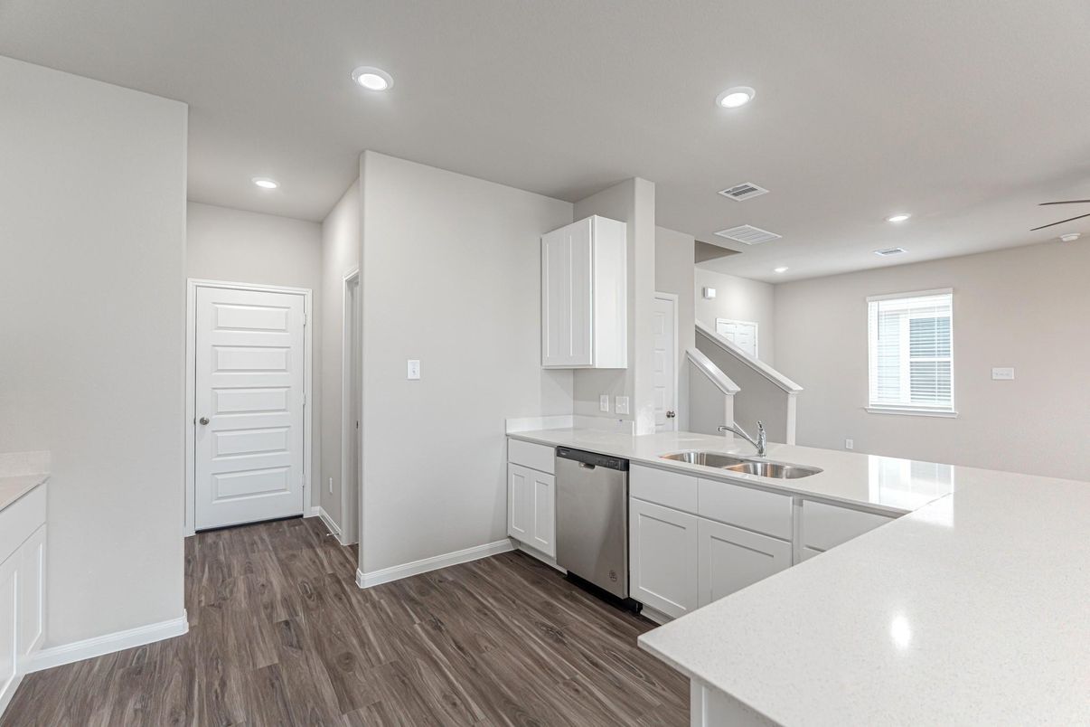 Interior, Kitchen, Recessed Lighting, Wood Texture Flooring