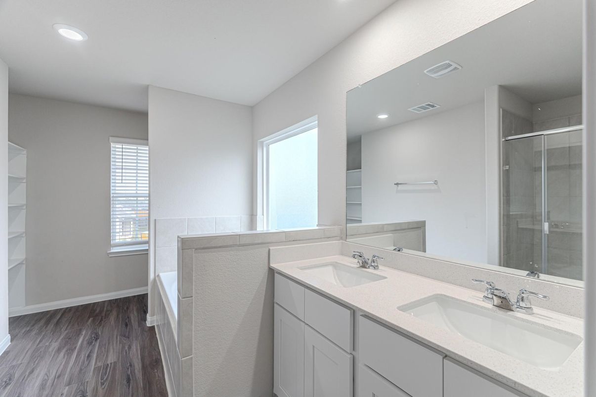 Bathroom, Dual Sink Vanities, Glass Shower, Interior, Recessed Lighting, Wood Texture Flooring