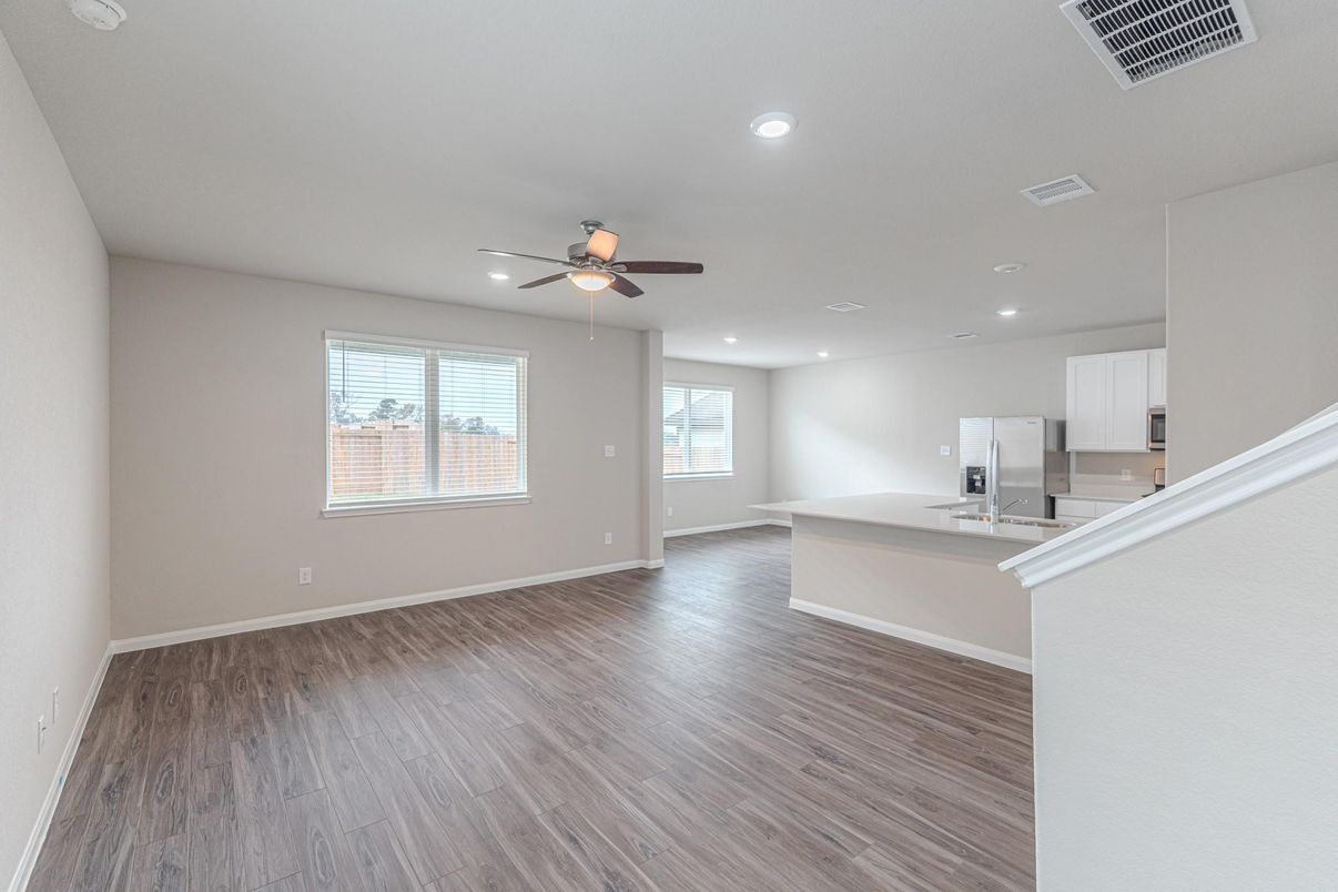 Empty room, Interior, Kitchen, Recessed Lighting, Wood Texture Flooring