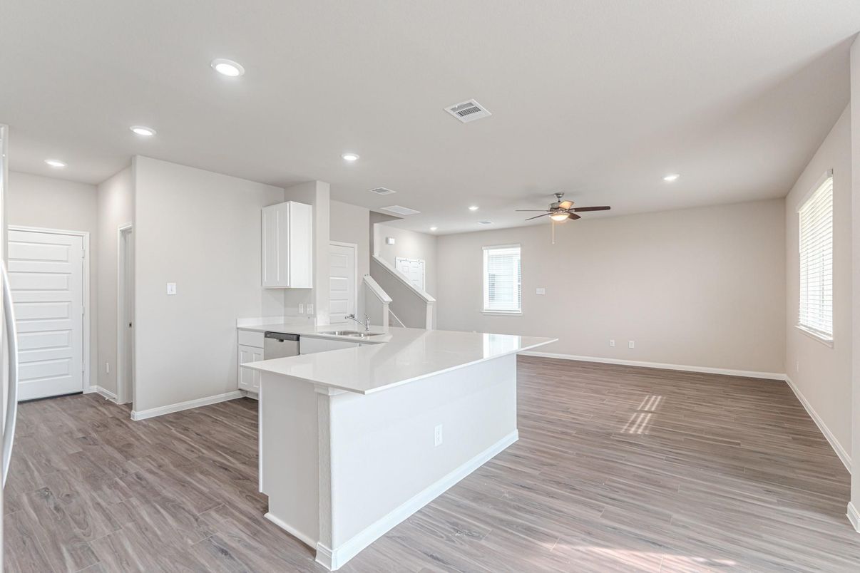 Empty room, Interior, Kitchen, Recessed Lighting, Wood Texture Flooring