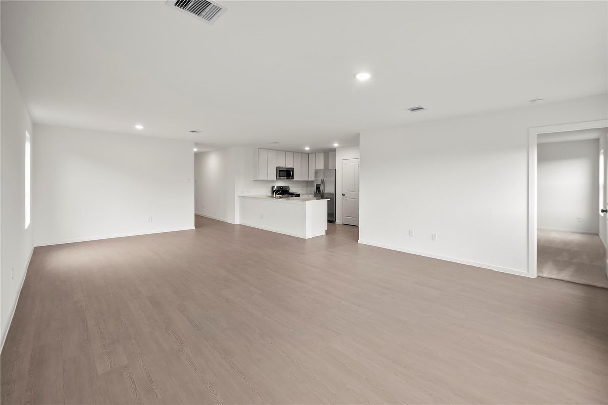 Empty room, Interior, Kitchen, Recessed Lighting, Wood Texture Flooring