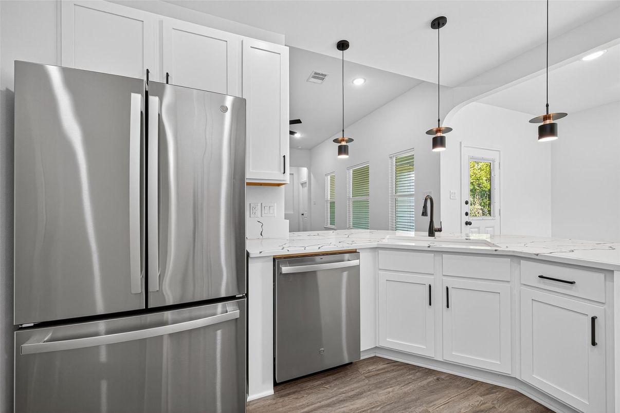 Interior, Kitchen, Pendant Lights, Recessed Lighting, Stainless Steel Appliances, Wood Texture Flooring