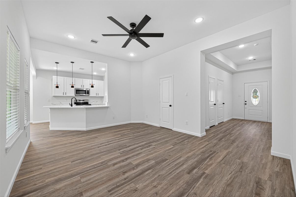 Empty room, Interior, Kitchen, Pendant Lights, Recessed Lighting, Wood Texture Flooring