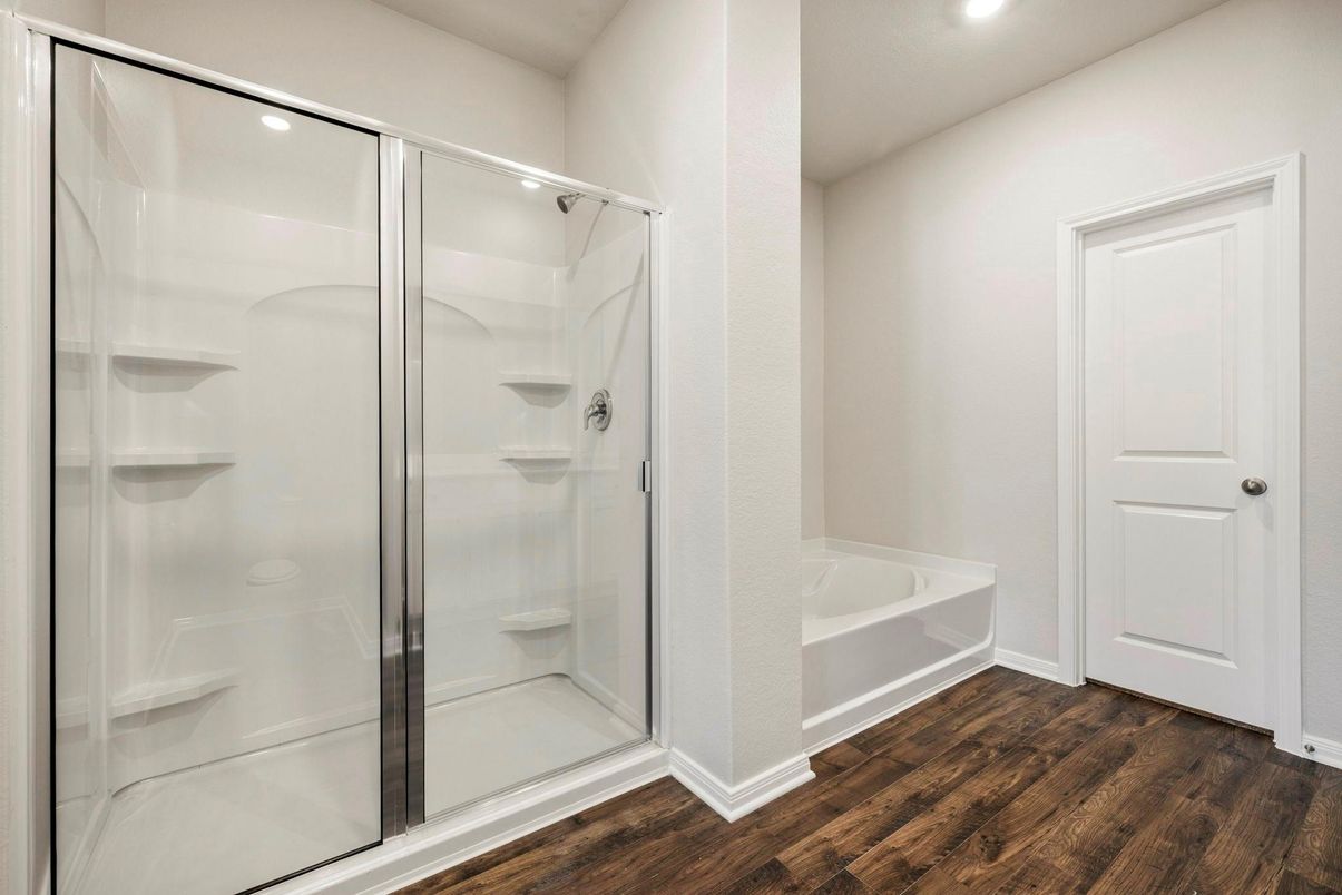 Bathroom, Glass Shower, Interior, Recessed Lighting, Walk-in Closets, Wood Texture Flooring