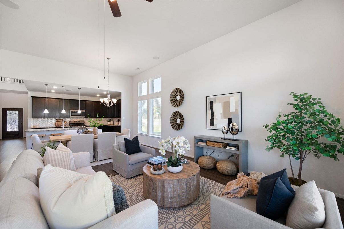 Interior, Kitchen, Living room, Pendant Lights, Recessed Lighting, Wood Texture Flooring