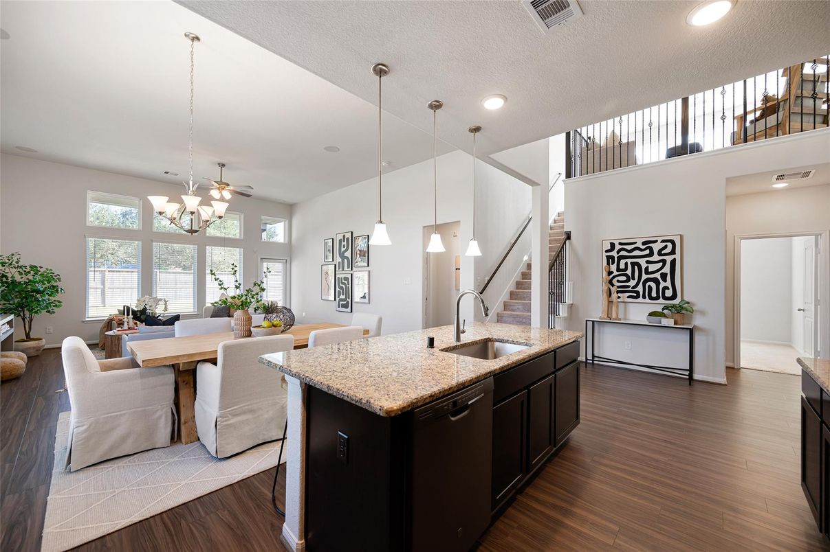 Chandelier, Dining room, Interior, Kitchen, Living room, Pendant Lights, Recessed Lighting, Wood Texture Flooring