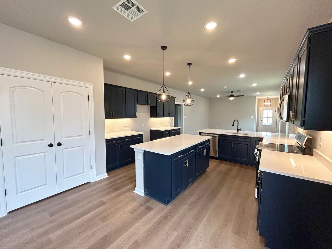 Interior, Kitchen, Pendant Lights, Recessed Lighting, Wood Texture Flooring