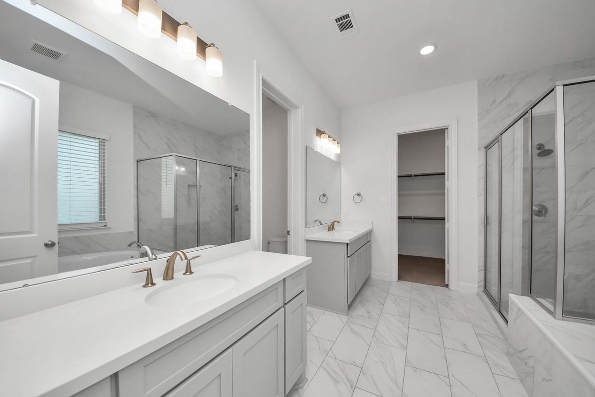 Bathroom, Dual Sink Vanities, Glass Shower, Interior, Marble, Marble Walls, Recessed Lighting