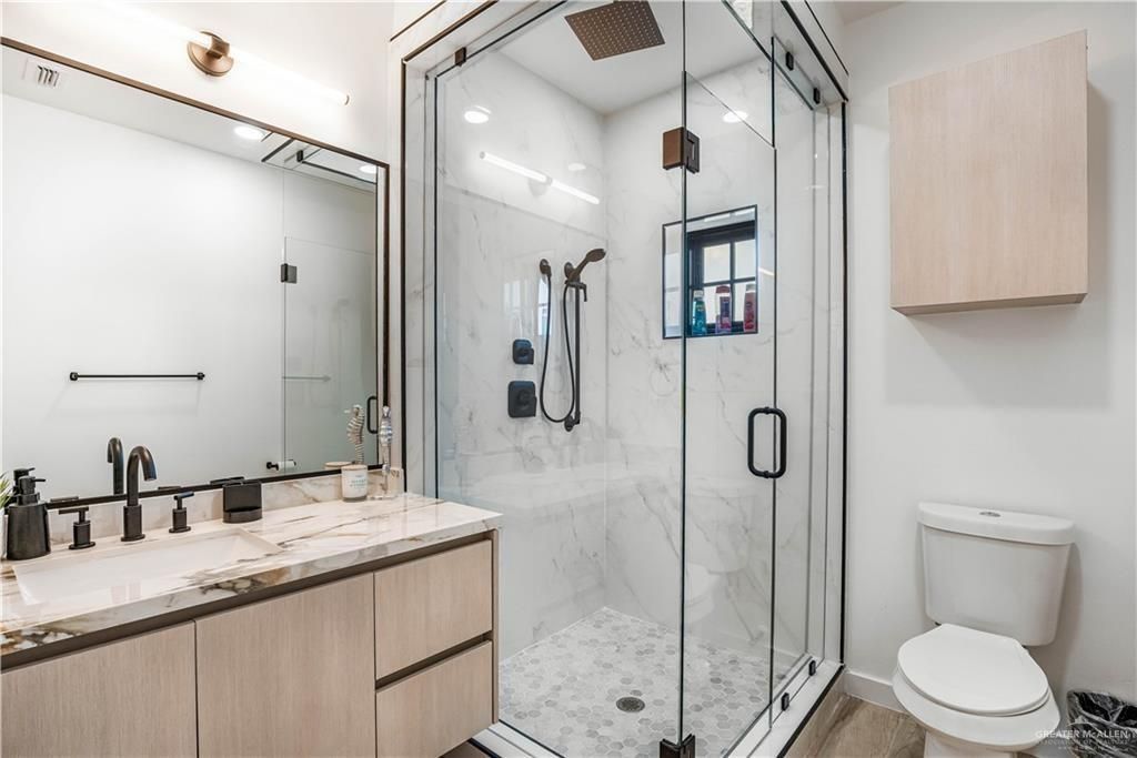 Bathroom, Glass Shower, Interior, Marble Walls, Recessed Lighting