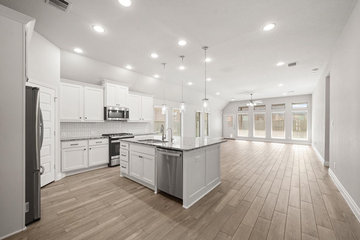 Interior, Kitchen, Pendant Lights, Recessed Lighting, Stainless Steel Appliances, Wood Texture Flooring