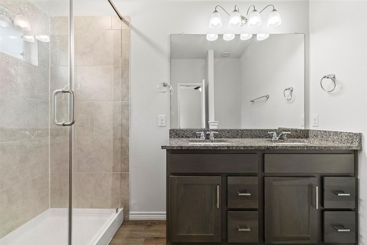 Bathroom, Dual Sink Vanities, Glass Shower, Interior, Wood Texture Flooring